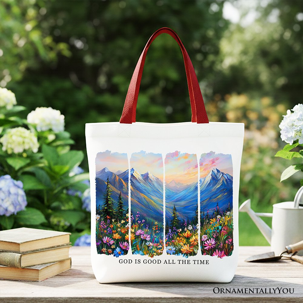 God Is Good All the Time Mountain Christian Canvas Tote Bag, Wildflower Brushstroke Bible Verse Faith Gift Shopper Tote Bag OrnamentallyYou Red Handle 