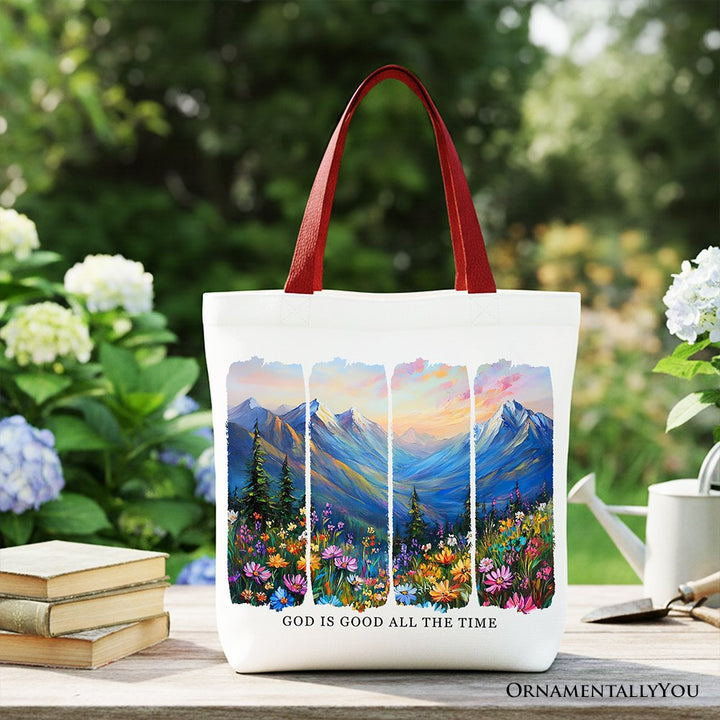 God Is Good All the Time Mountain Christian Canvas Tote Bag, Wildflower Brushstroke Bible Verse Faith Gift Shopper Tote Bag OrnamentallyYou Red Handle 