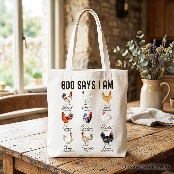 God Says I Am Christian Tote Bag, Rooster and Chicken Gift Shopper for Farm Style Lovers Tote Bag OrnamentallyYou White 