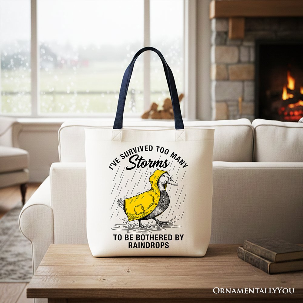 Goose Motivational Tote Bag, Survived Too Many Storms Funny Quote Gift Shopper Tote Bag OrnamentallyYou Navy Handle 