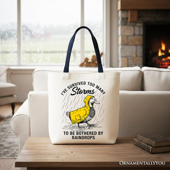 Goose Motivational Tote Bag, Survived Too Many Storms Funny Quote Gift Shopper Tote Bag OrnamentallyYou Navy Handle 