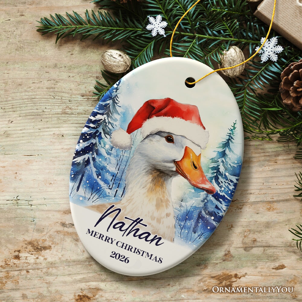 Goose with Santa Hat Personalized Ornament, Winter Forest Christmas Gift With Custom Name and Date Ceramic Ornament OrnamentallyYou Oval 
