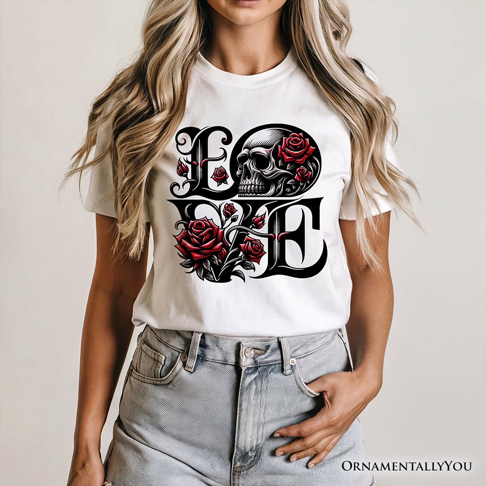Gothic Love Skull Roses T-Shirt, Dark Valentine Romance Tee T-Shirts OrnamentallyYou 