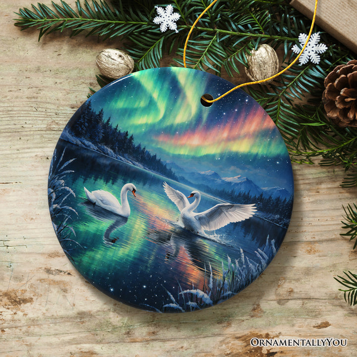 Graceful Aurora White Swans Ceramic Ornament, Northern Lights Birds on a Lake Gift and Tree Decor