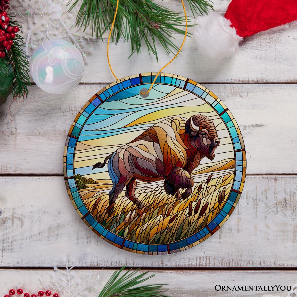Great Plains Bison Stained Glass Themed Ceramic Ornament, Nature of the American Wild West Ceramic Ornament OrnamentallyYou 
