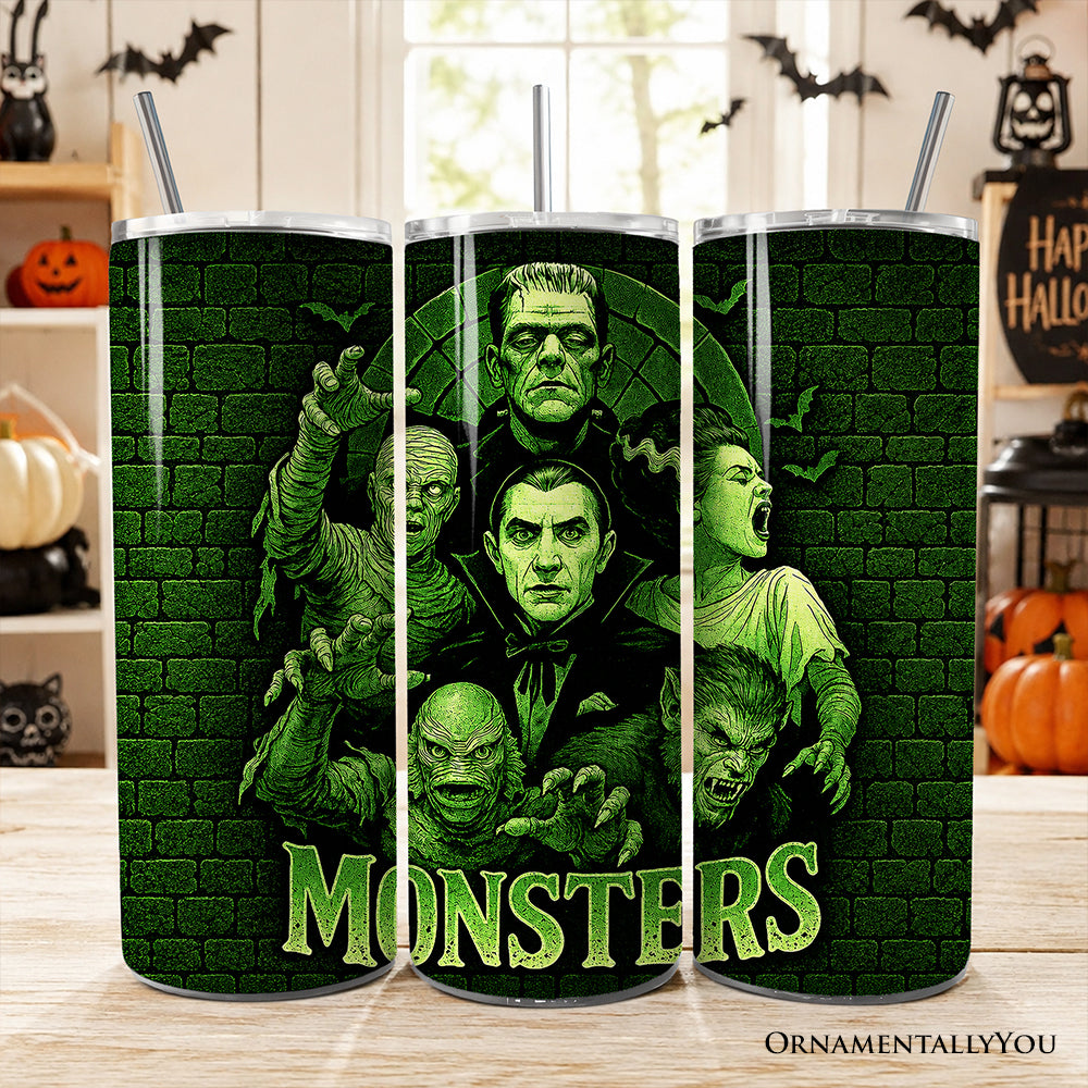 Green Retro Monsters 20oz Personalized Tumbler With Lid and Stainless Steel Straw, Vintage Classic Horror Halloween Gift Cup