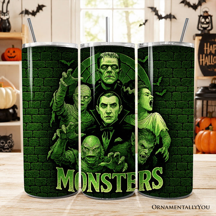 Green Retro Monsters 20oz Personalized Tumbler With Lid and Stainless Steel Straw, Vintage Classic Horror Halloween Gift Cup