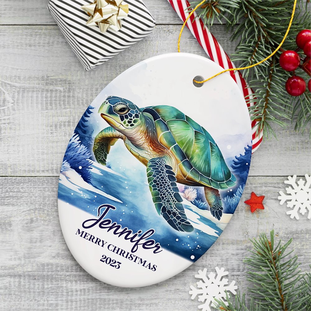 Green Turtle Personalized Ornament, Festive Christmas Gift With Custom Name and Date Ceramic Ornament OrnamentallyYou Oval 