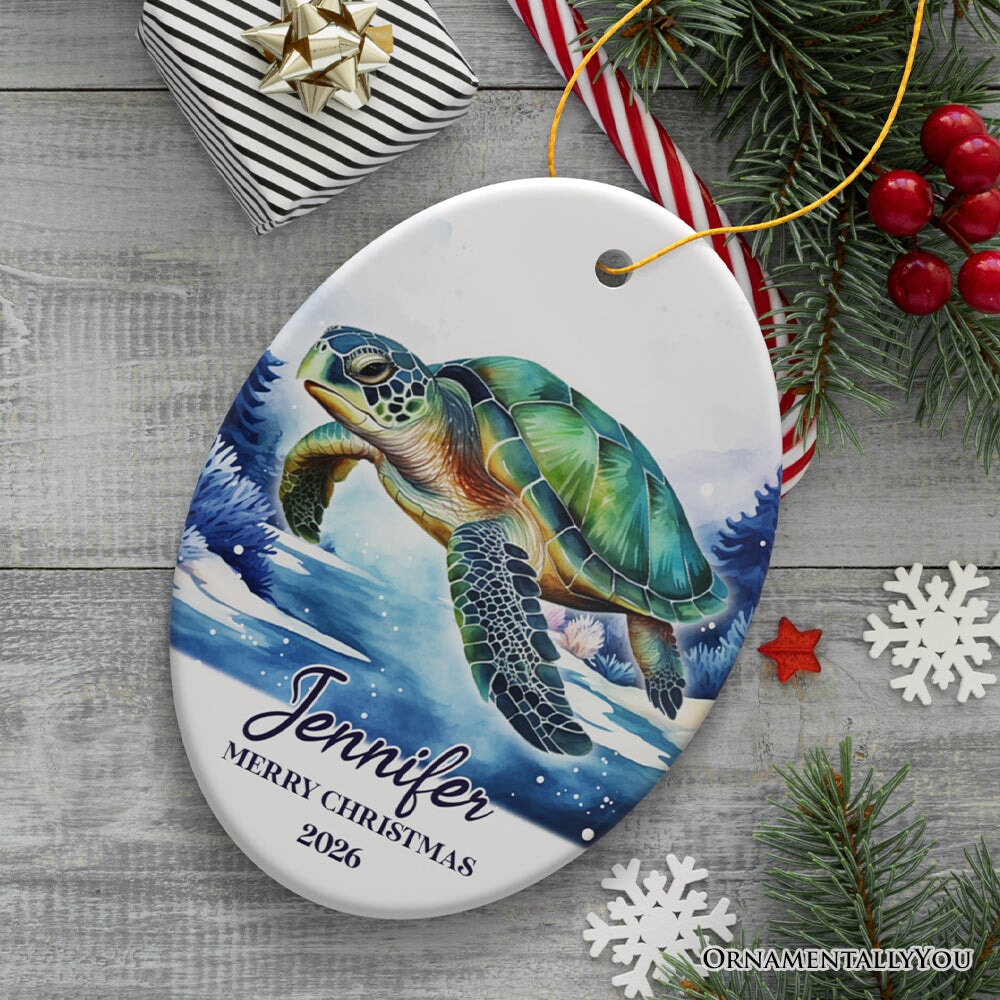 Green Turtle Personalized Ornament, Festive Christmas Gift With Custom Name and Date Ceramic Ornament OrnamentallyYou Oval 
