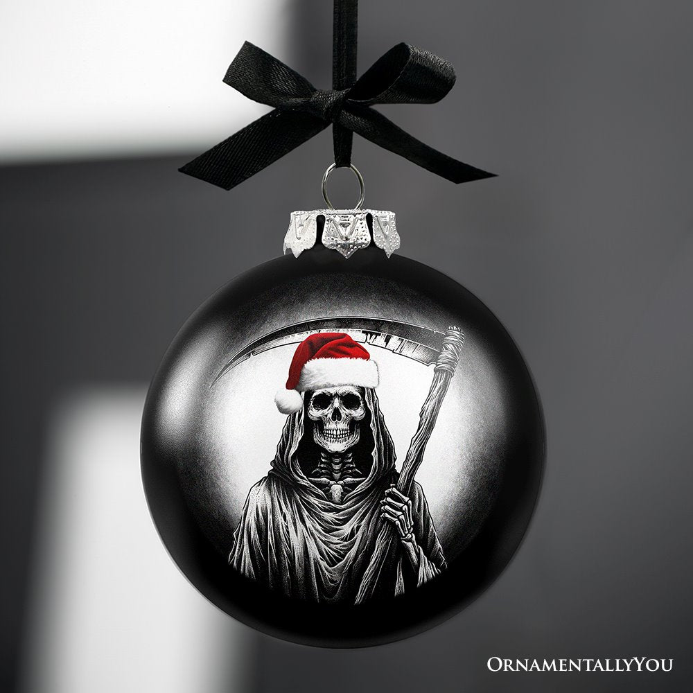 (Pre-Order) Grim Reaper Christmas Spooky Portrait Glass Ornament, Black Horror Halloween Tree Decoration Round Glass Ball Ornament OrnamentallyYou 