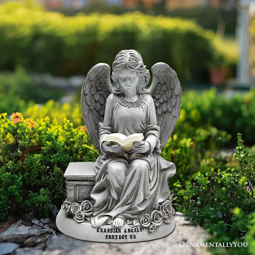 (Pre-Order) Guardian Angel Reading Book Garden Statue, 10" Solar Powered Angelic Outdoor Figurine Resin Statues OrnamentallyYou 