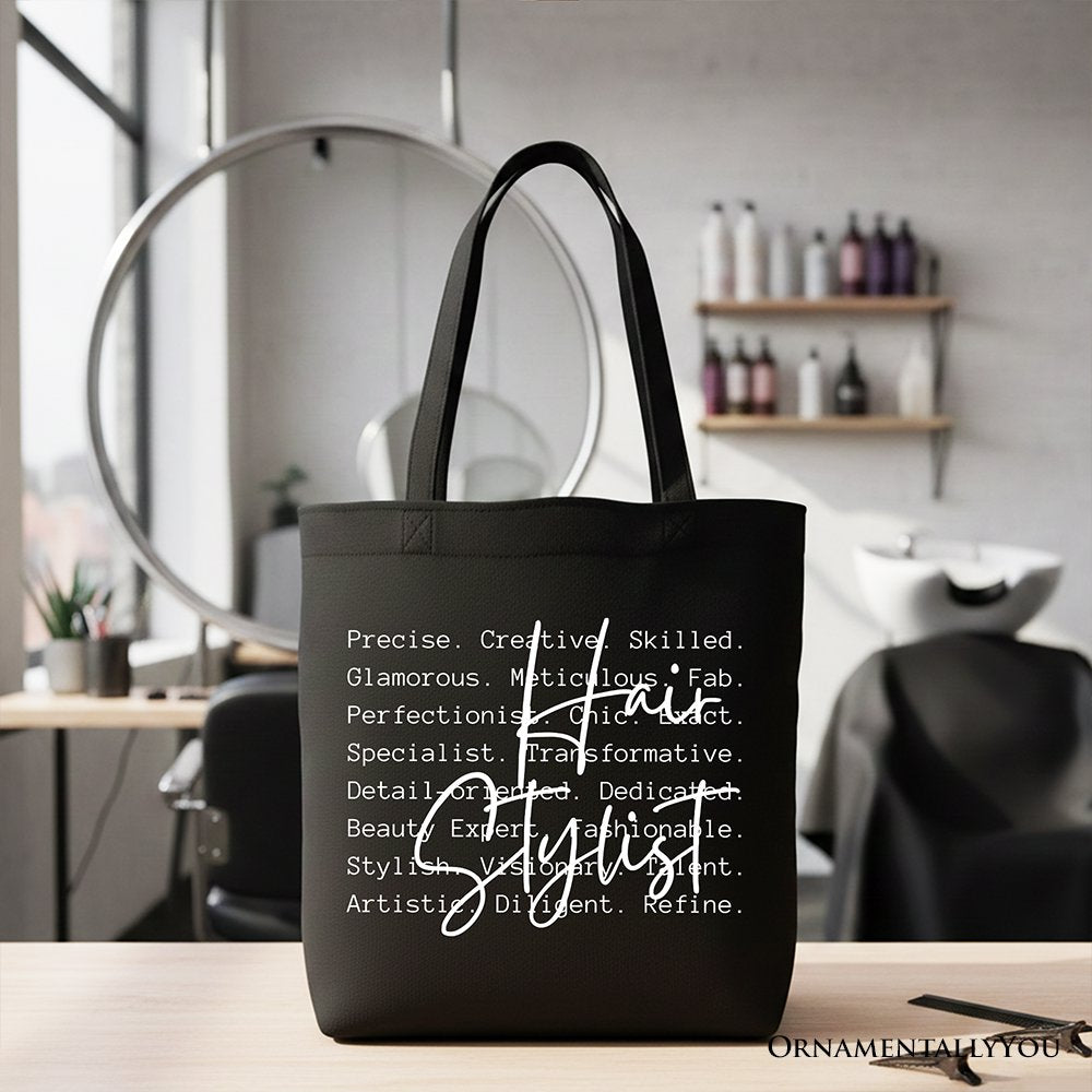 Hair Stylist Definition Canvas Tote Bag, Beauty Salon Appreciation Words Gift Shopper Tote Bag OrnamentallyYou Black 