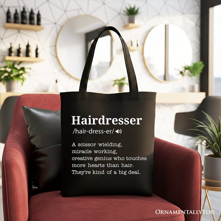 Hairdresser Definition Canvas Tote Bag, Funny Gift Shopper for Creative and Talented Stylists Tote Bag OrnamentallyYou Black 