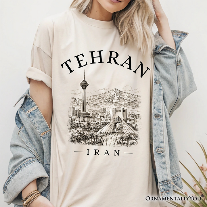Hand-sketch Tehran Cityscape T-Shirt, Iran Landmarks Azadi and Milad Tower Tee