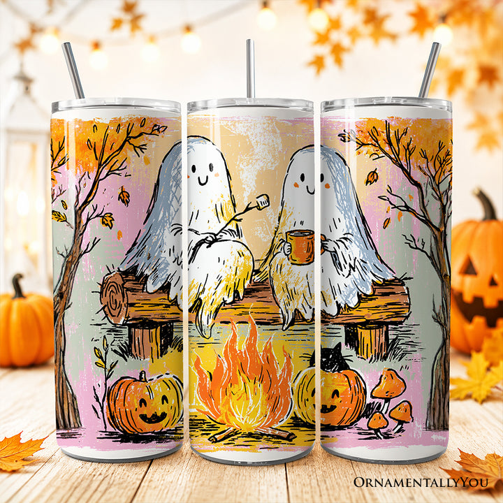 Handdrawn Camping Boo Ghost 20oz Personalized Tumbler With Lid and Stainless Steel Straw, Cozy Autumn Halloween Gift Cup