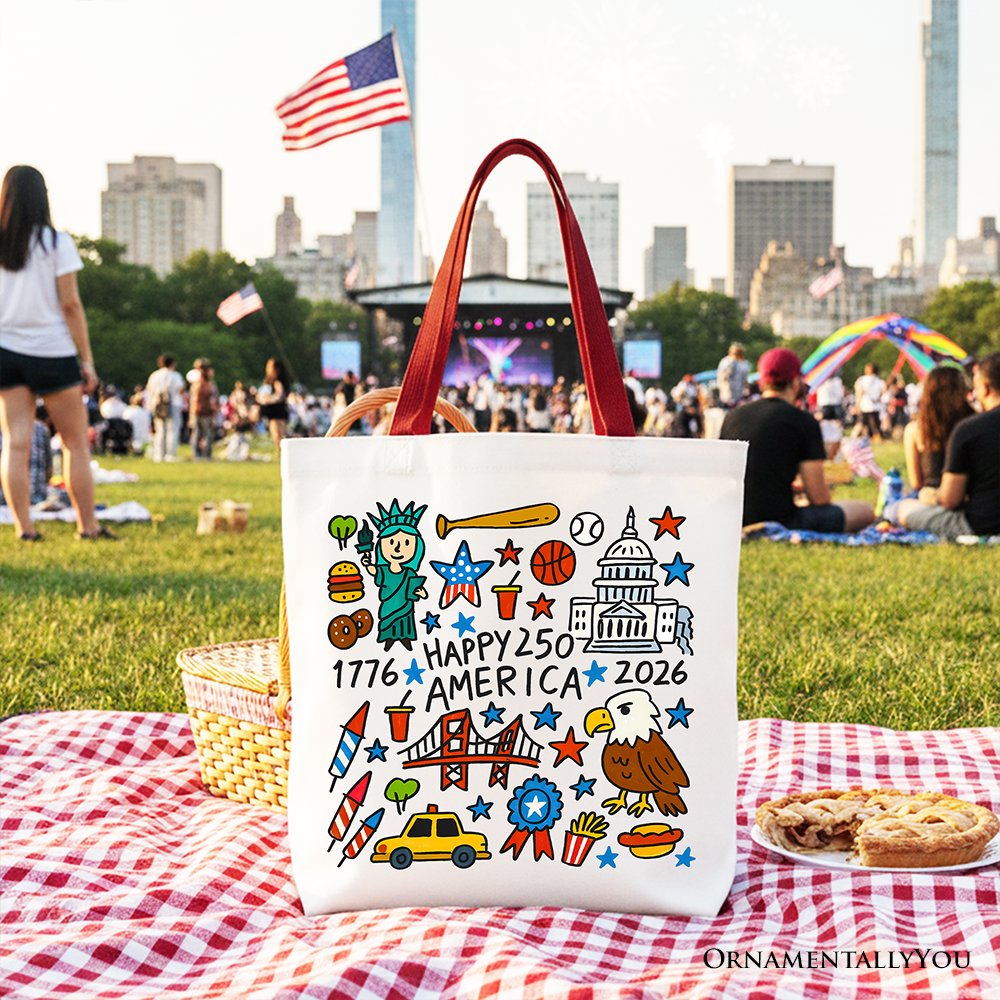 Happy 250 America Doodle Tote Bag, Patriotic USA 1776-2026 250th Anniversary Gift Shopper Tote Bag OrnamentallyYou Red Handle 