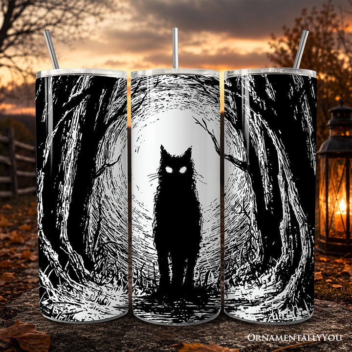 Haunted Forest Black Cat 20oz Personalized Tumbler With Lid and Stainless Steel Straw, Spooky Halloween Night Gift Cup