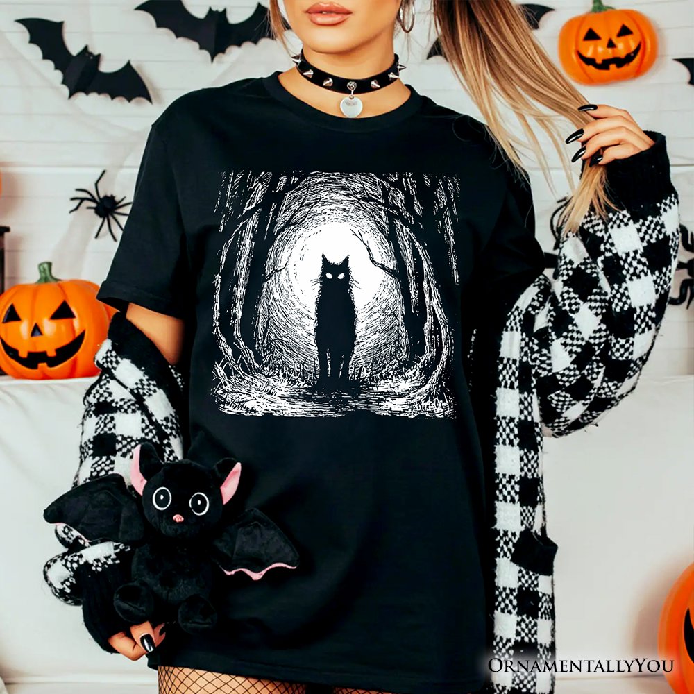 Haunted Forest Black Cat T-Shirt, Spooky Halloween Night Tee T-Shirts OrnamentallyYou 