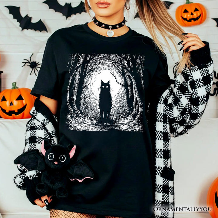 Haunted Forest Black Cat T-Shirt, Spooky Halloween Night Tee T-Shirts OrnamentallyYou 