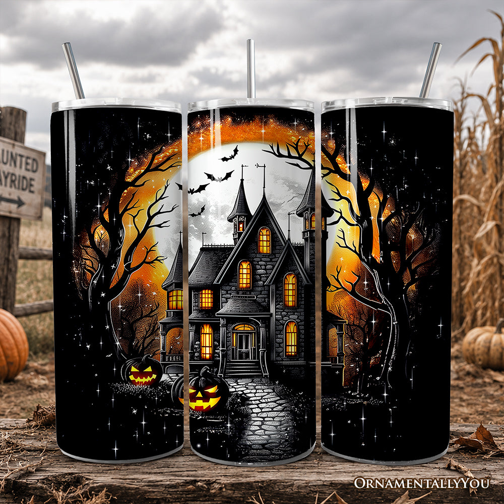 Haunted House Night Halloween 20oz Personalized Tumbler With Lid and Stainless Steel Straw, Spooky Horror Gift Cup