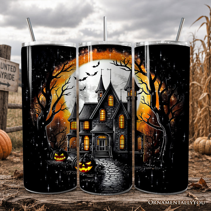 Haunted House Night Halloween 20oz Personalized Tumbler With Lid and Stainless Steel Straw, Spooky Horror Gift Cup