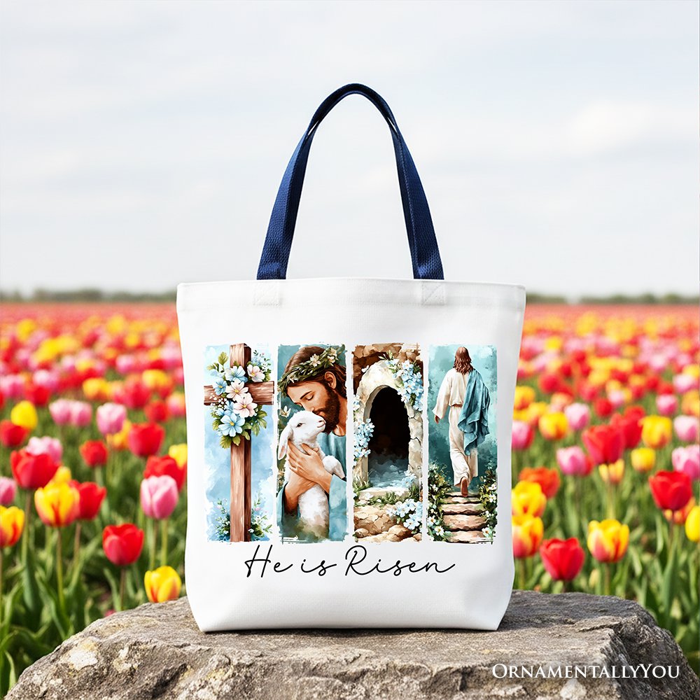 He Is Risen Christian Brushstroke Canvas Tote Bag, Festive Easter Gift Shopper Tote Bag OrnamentallyYou Navy Handle 