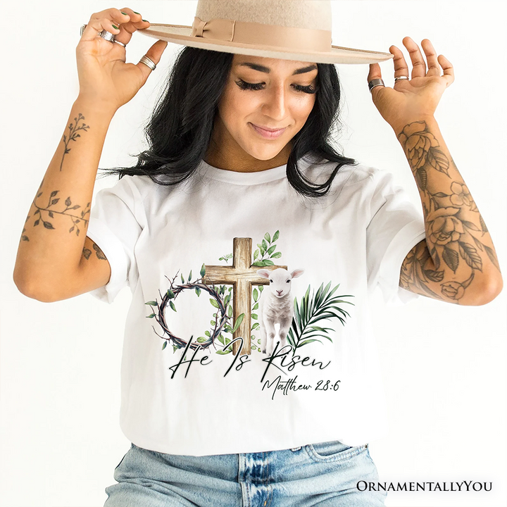 He Is Risen Lamb Cross Christian Easter T-Shirt, Bible Verse Matthew 28:6 Tee