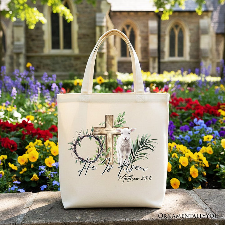He Is Risen Lamb Cross Christian Easter Tote Bag, Bible Verse Matthew 28:6 Gift Shopper Tote Bag OrnamentallyYou Beige 