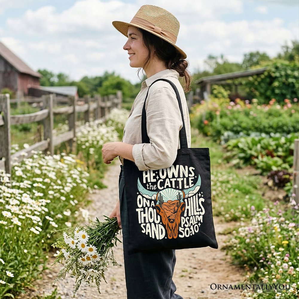 He Owns the Cattle On a Thousand Hills Tote Bag, Christian Western Faith Gift Shopper Tote Bag OrnamentallyYou 