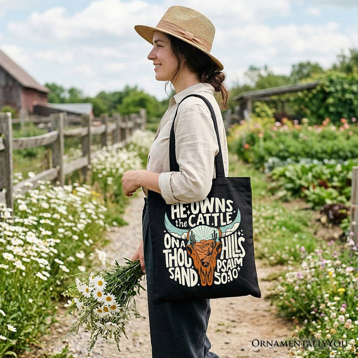 He Owns the Cattle On a Thousand Hills Tote Bag, Christian Western Faith Gift Shopper Tote Bag OrnamentallyYou 