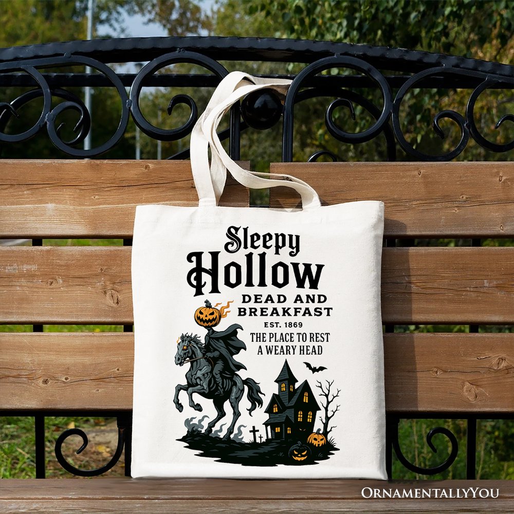 Headless Horseman Sleepy Hollow Halloween Canvas Tote Bag, Dead and Breakfast Retro Gift Tote Bag OrnamentallyYou White 