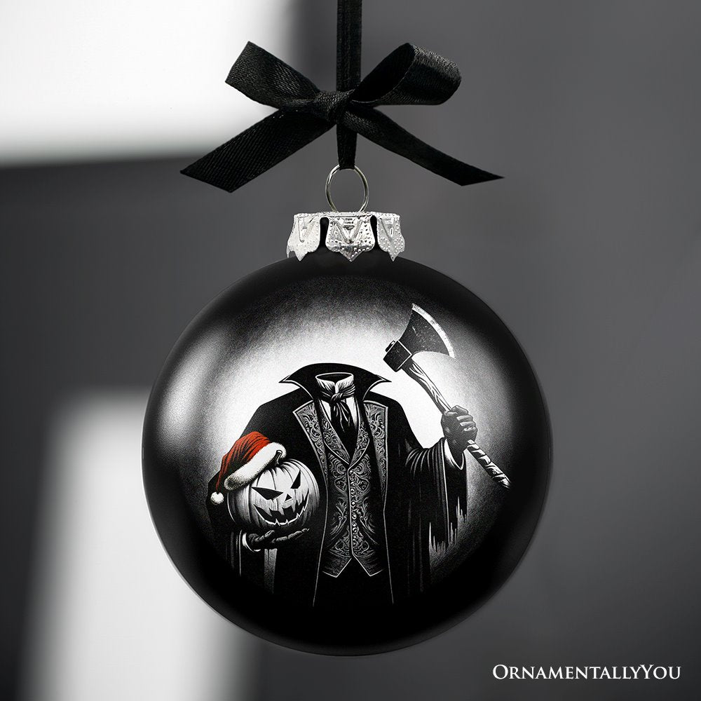 (Pre-Order) Headless Horseman Spooky Portrait Glass Christmas Ornament, Black Horror Halloween Tree Decoration Round Glass Ball Ornament OrnamentallyYou 