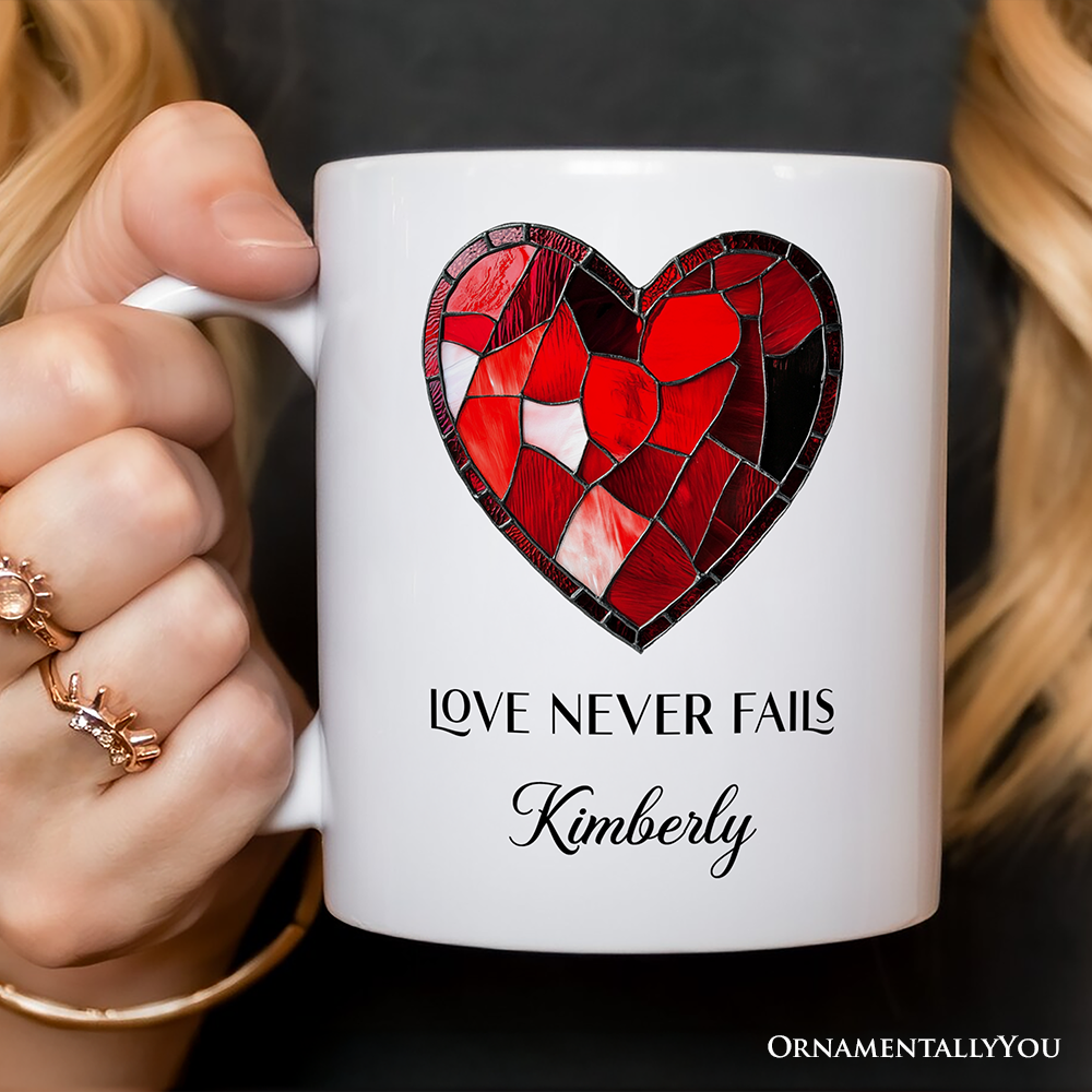 Heart Stained Glass Personalized Mug, Love Never Fails Custom Names Gift