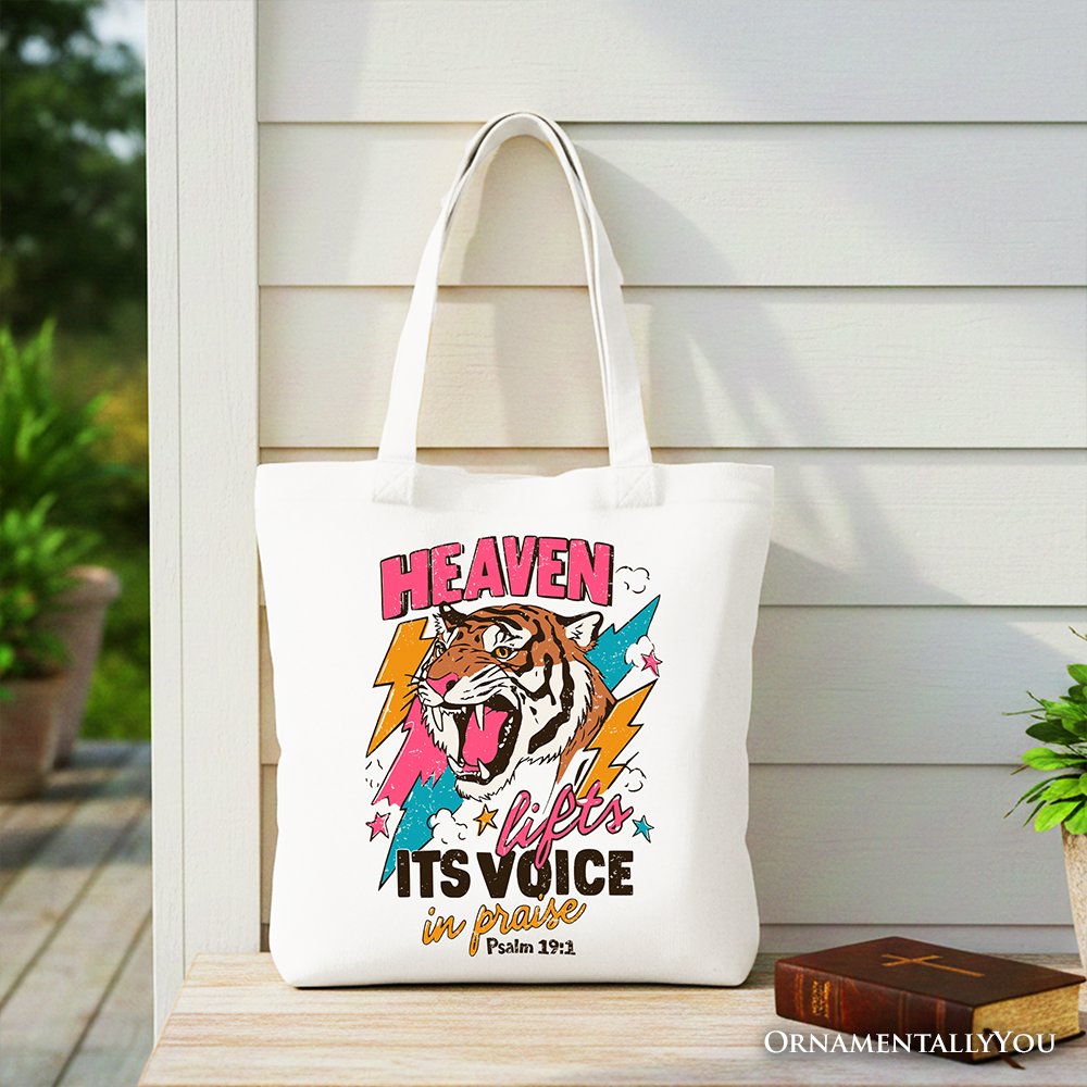 Heaven Lifts its Voice in Praise Christian Tote Bag, Tiger Psalm 191 Bible Verse Gift Shopper Tote Bag OrnamentallyYou White 