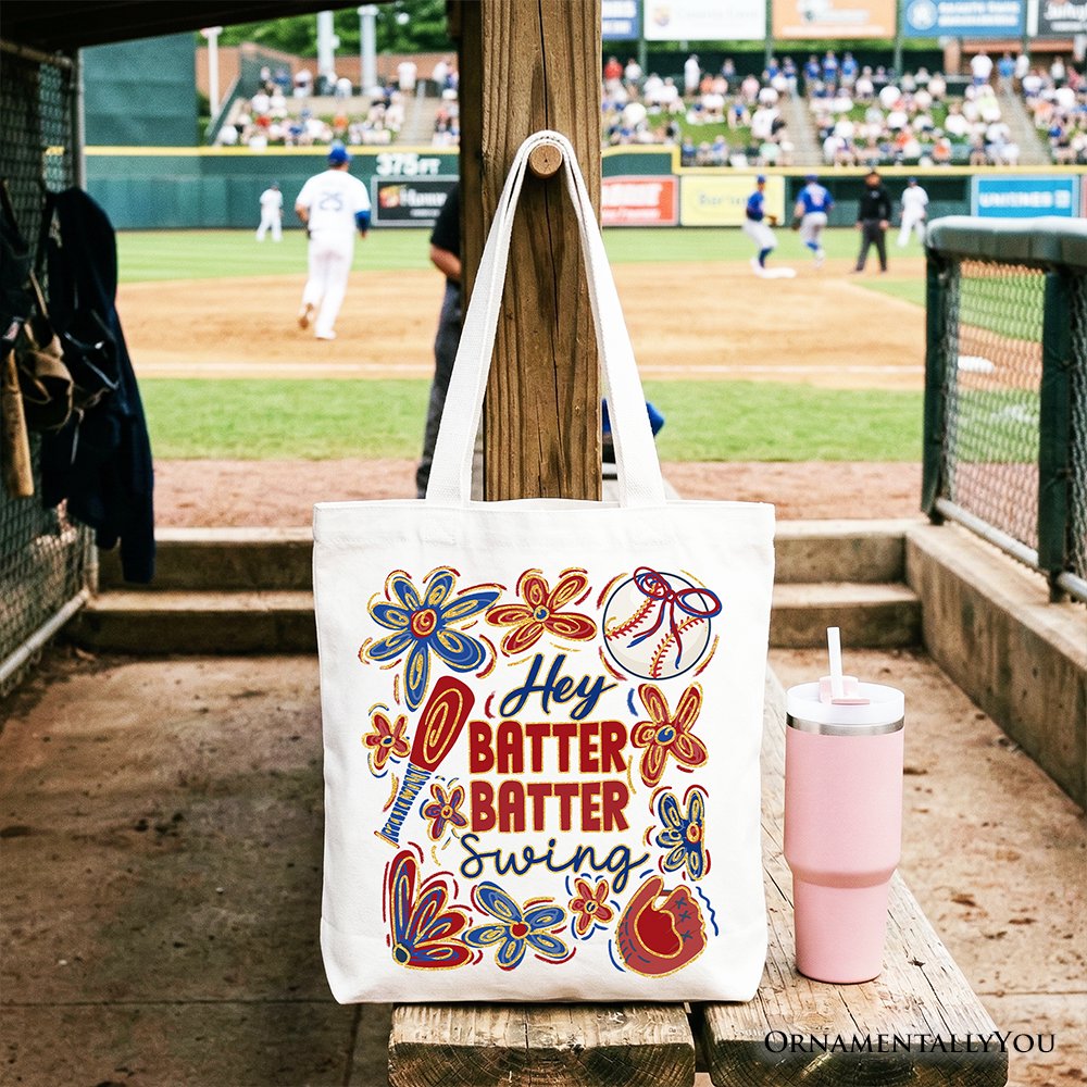 Hey Batter Batter Swing Tote Bag, Retro White and Natural Baseball Gift Shopper Tote Bag OrnamentallyYou White 