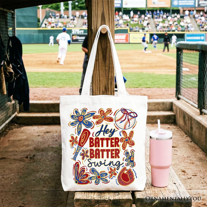 Hey Batter Batter Swing Tote Bag, Retro White and Natural Baseball Gift Shopper Tote Bag OrnamentallyYou White 