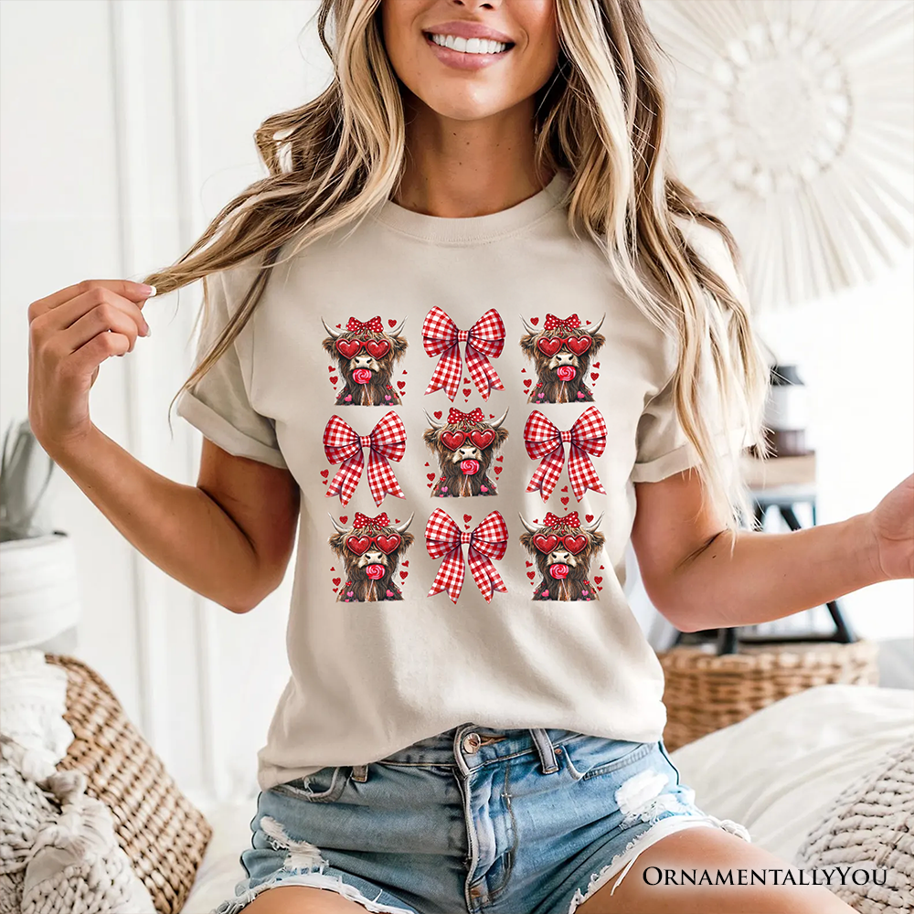 Highland Cow Coquette Bow Valentine T-Shirt, Cute Hearts Western Tee