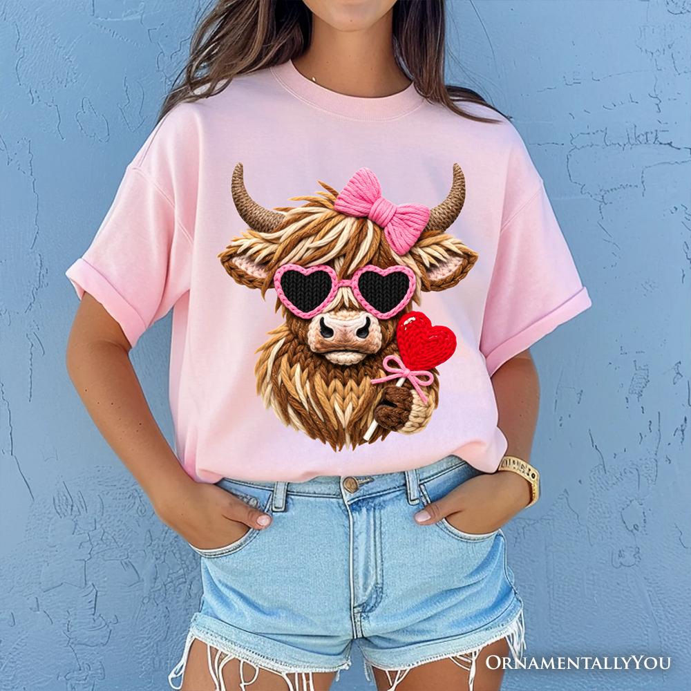 Highland Cow Faux-Yarn Valentine T-Shirt, Cute Knit Coquette Tee