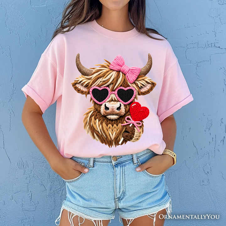 Highland Cow Faux-Yarn Valentine T-Shirt, Cute Knit Coquette Tee