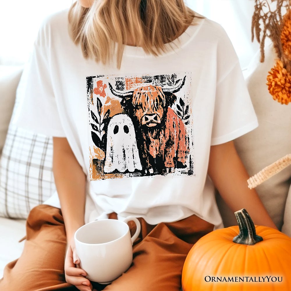 Highland Cow Ghost Fall T-Shirt, Spooky Season Halloween Tee T-Shirts OrnamentallyYou 