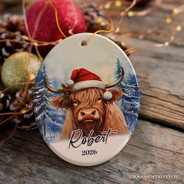 Highland Cow Personalized Ornament, Enchanted Frost Christmas Gift With Custom Name and Date Ceramic Ornament OrnamentallyYou Oval 