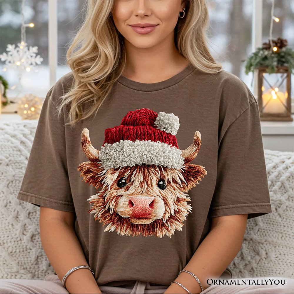 Highland Cow Santa Hat Christmas T-Shirt, Imitation Latch Hook Yarn Cozy Tee T-Shirts OrnamentallyYou 