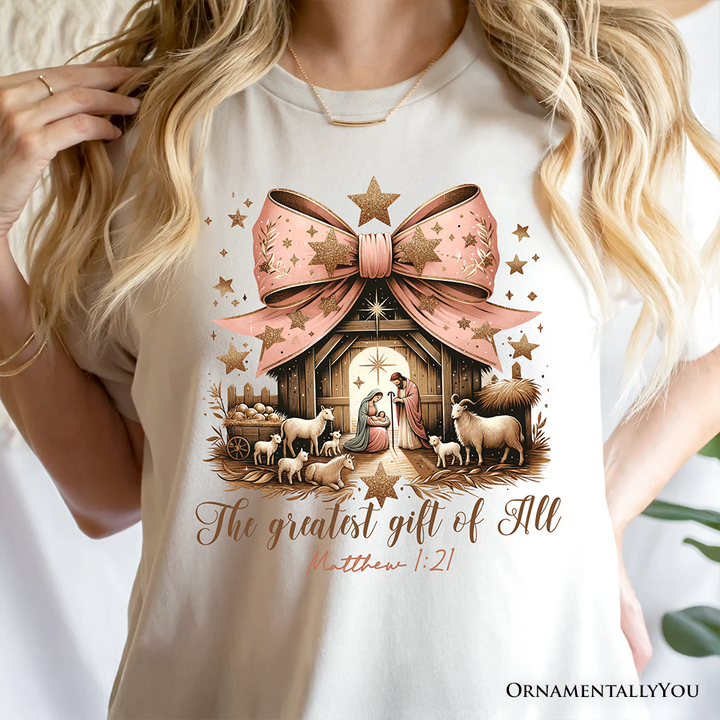 Holy Night Nativity Scene Jesus T-Shirt, The Greatest Gift of All Matthew 1:21 Christian Christmas Tee