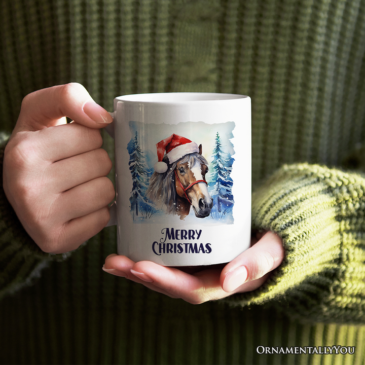 Horse with Santa Hat Personalized Mug, Winter Forest Christmas Gift With Custom Name and Date