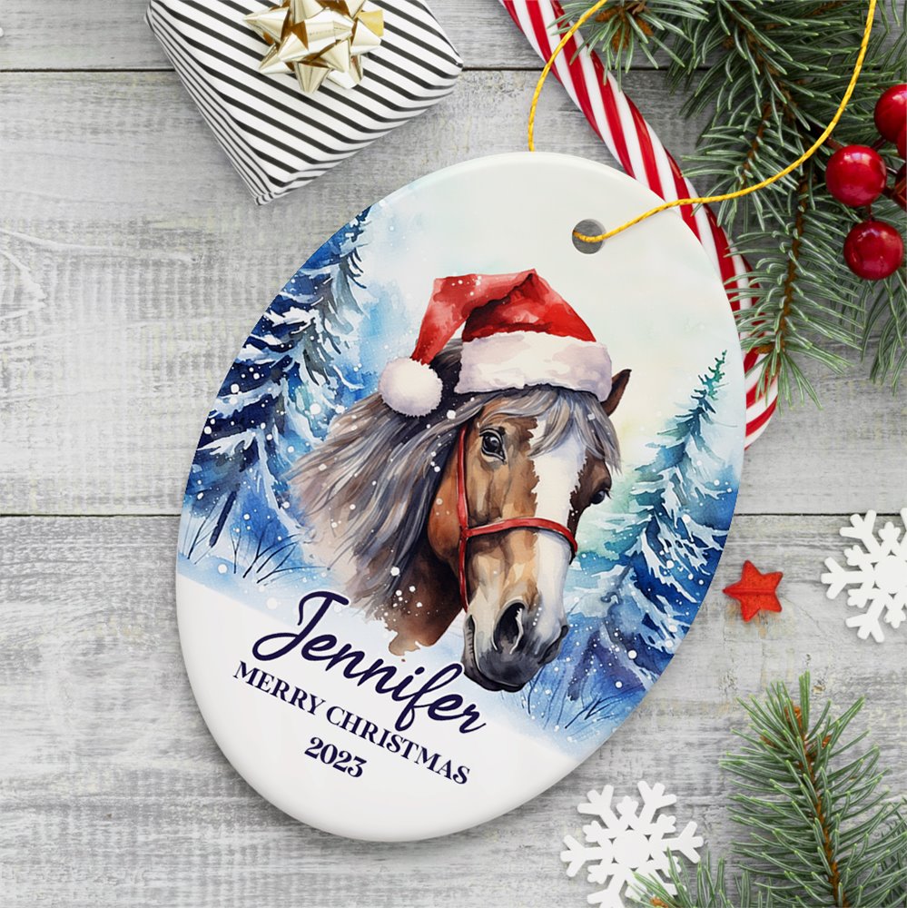 Horse with Santa Hat Personalized Ornament, Winter Forest Christmas Gift With Custom Name and Date Ceramic Ornament OrnamentallyYou Oval 