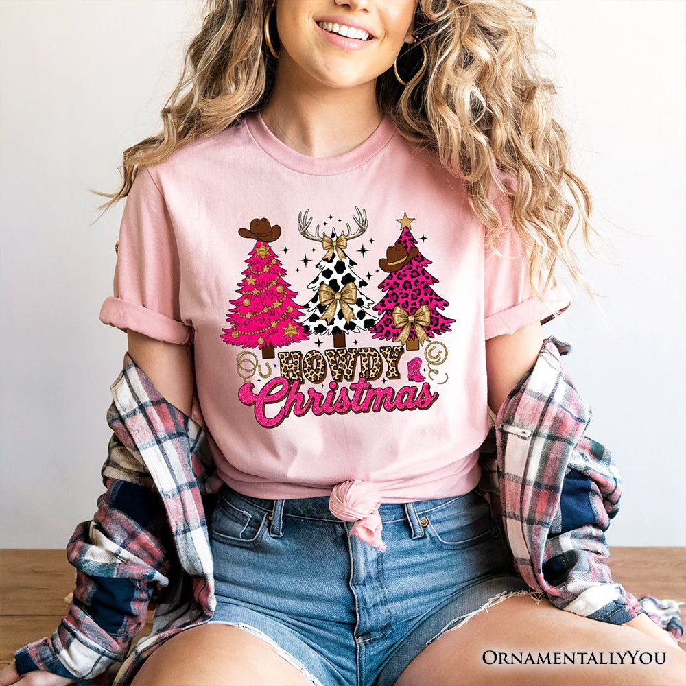 Howdy Pink Christmas Western Christmas T-Shirt, Leopard Print Retro Holiday Tee T-Shirts OrnamentallyYou 