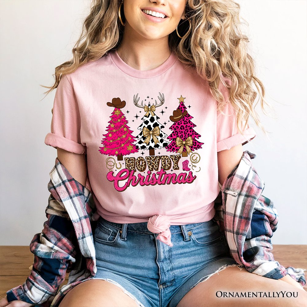 Howdy Pink Christmas Western Christmas T-Shirt, Leopard Print Retro Holiday Tee T-Shirts OrnamentallyYou 