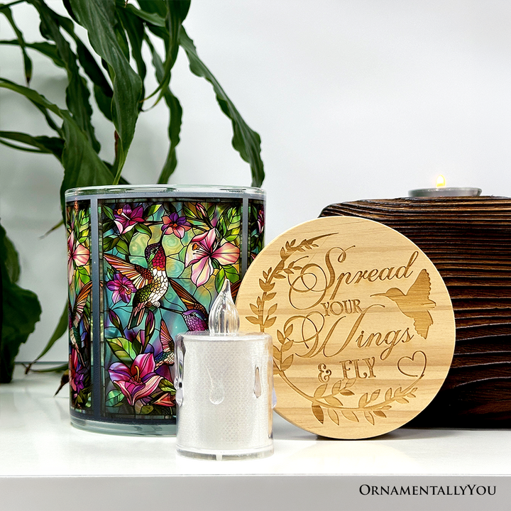 Hummingbird Faux Stained Glass LED Tea Light Candle, Delicate Nature Inspired Decor With Soft Glow