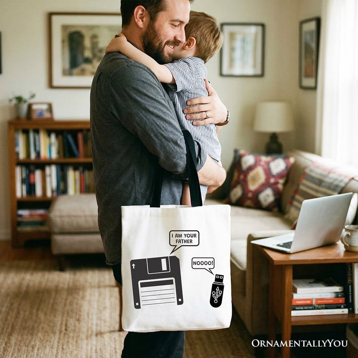 I Am Your Father Floppy Disk Tote Bag, Funny USB Retro Dad Computer Nerd Gift Shopper Tote Bag OrnamentallyYou 
