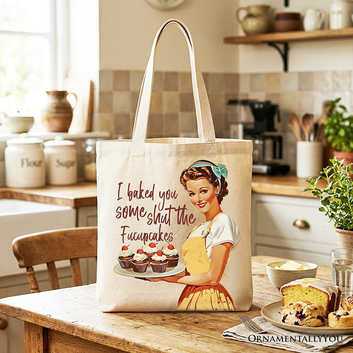 I Baked You Some Shut The Fucupcakes Tote Bag, Funny Retro Kitchen Gift Shopper for Quirky and Fun Bakers Tote Bag OrnamentallyYou Beige 